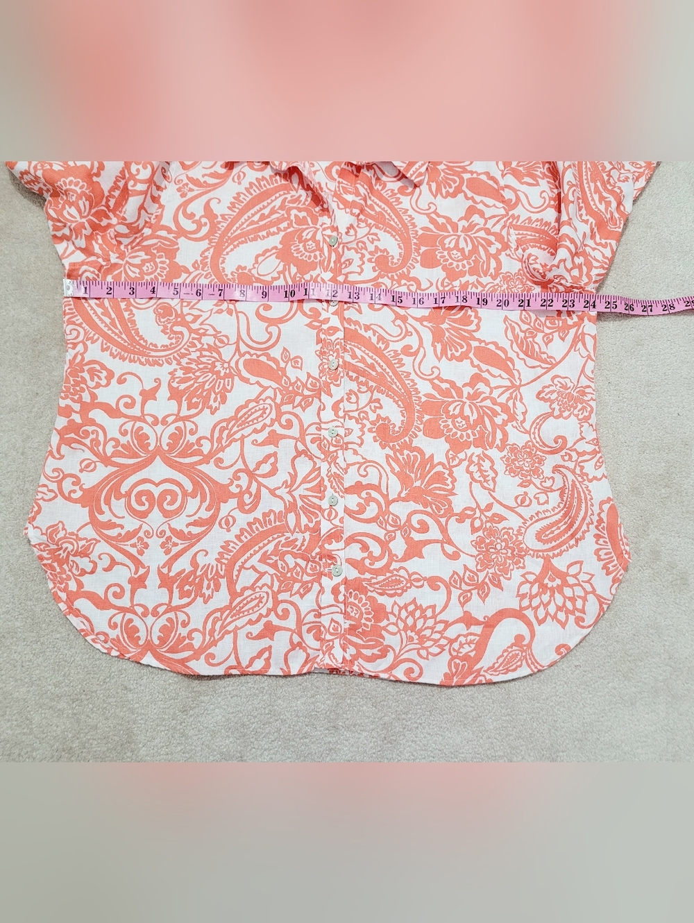 Chico’s 100% Linen Shirt Size 16 Orange White Paisley Button Front Top Classic - Picture 9 of 13